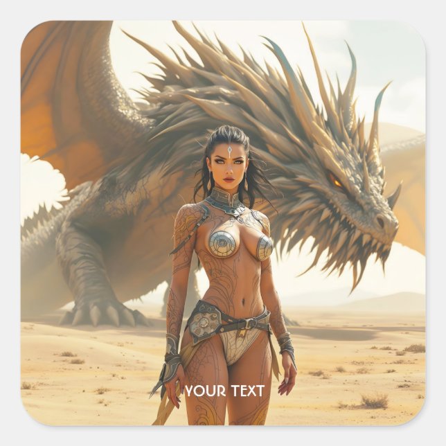 Fantasy Cute Girl Dragon Desert Square Sticker (Front)