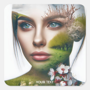 Fantasy Cute Girl Face Spring Square Sticker