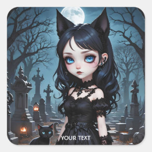 Fantasy Cute Girl In Black Square Sticker