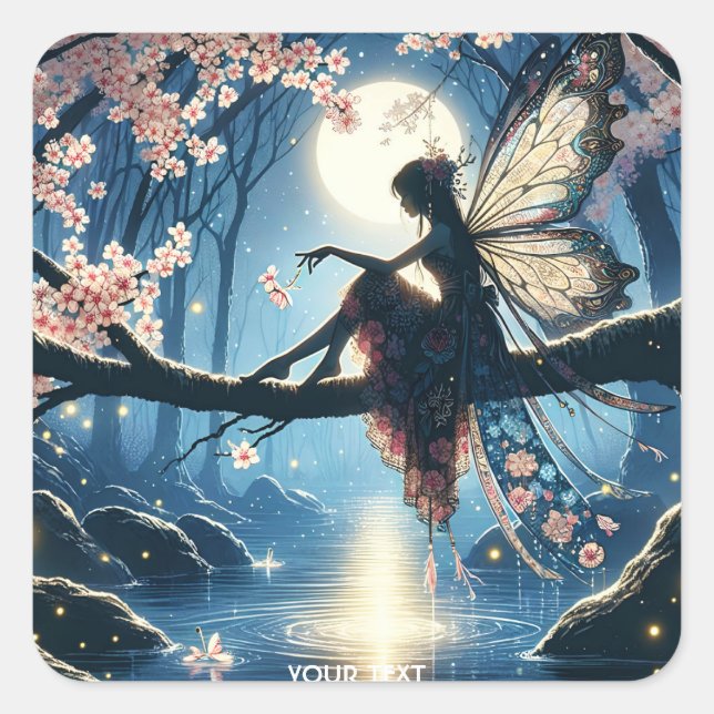 Fantasy Cute Girl Sakura Tree Square Sticker (Front)
