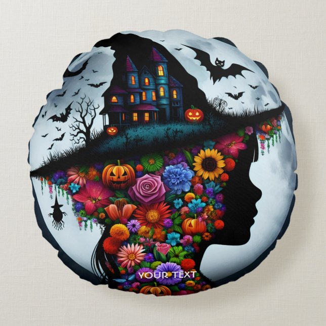 Fantasy Cute Girl Witch Halloween Round Cushion (Front)