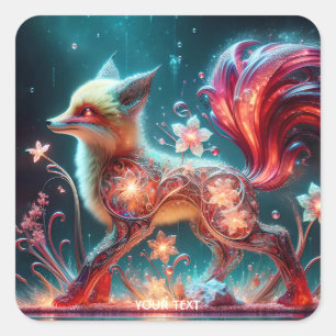 Fantasy Cute Glass Fox Red Square Sticker