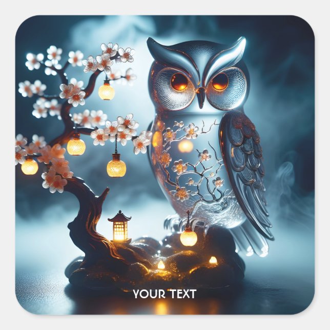 Fantasy Cute Glass Owl Sakura Square Sticker (Front)