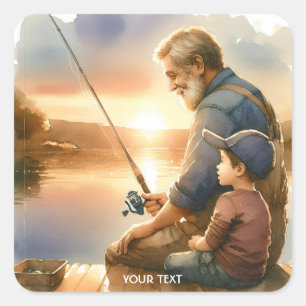 Fantasy Cute Grandfather Teaching Fish Square Sticker