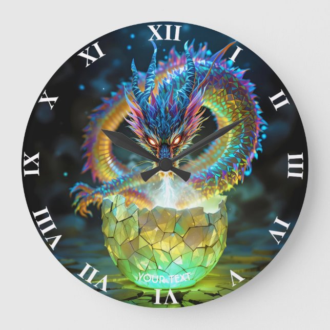 Fantasy Cute Green Dragon Egg Large Clock (Front)