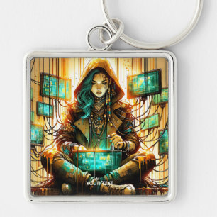 Fantasy Cute Green Female Cyber Key Ring