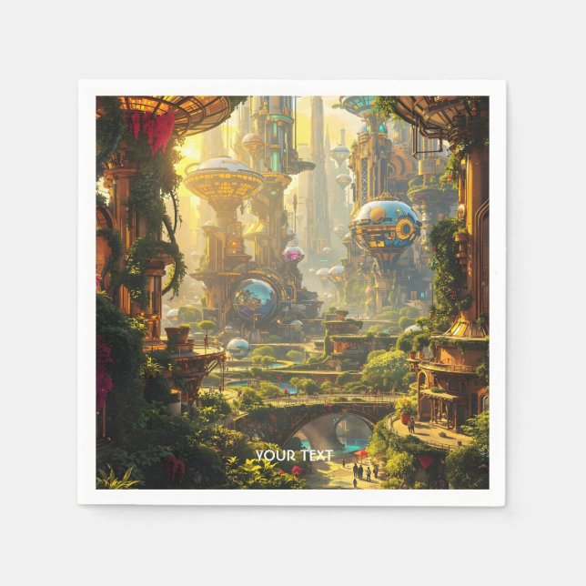 Fantasy Cute Green Future City Napkin (Front)