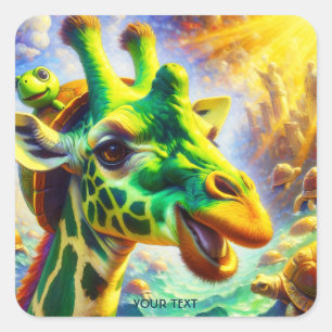 Fantasy Cute Green Giraffe Turtle Square Sticker