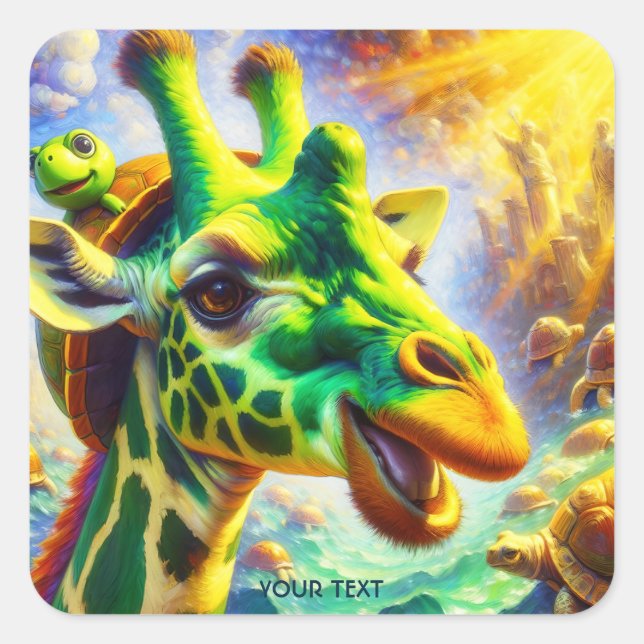 Fantasy Cute Green Giraffe Turtle Square Sticker (Front)