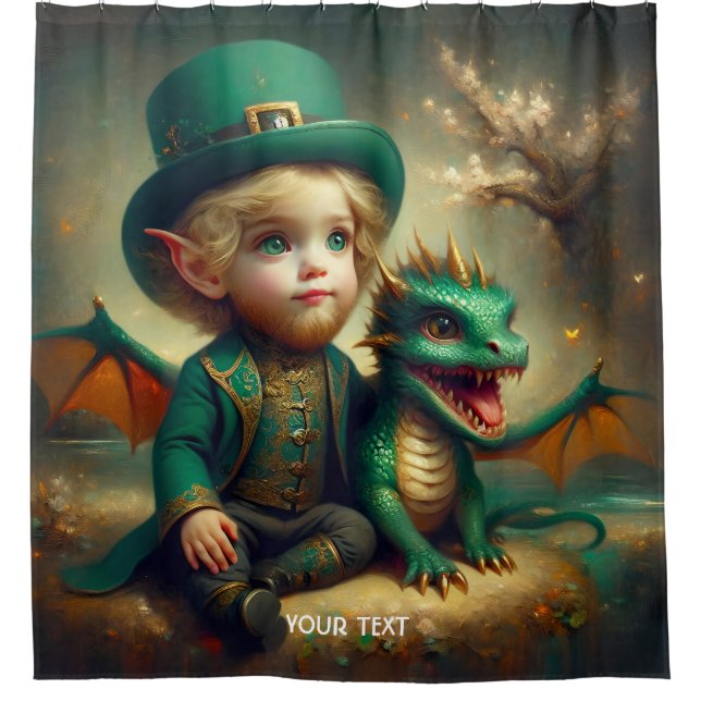 Fantasy Cute Green Leprechaun Dragon Shower Curtain (Front)