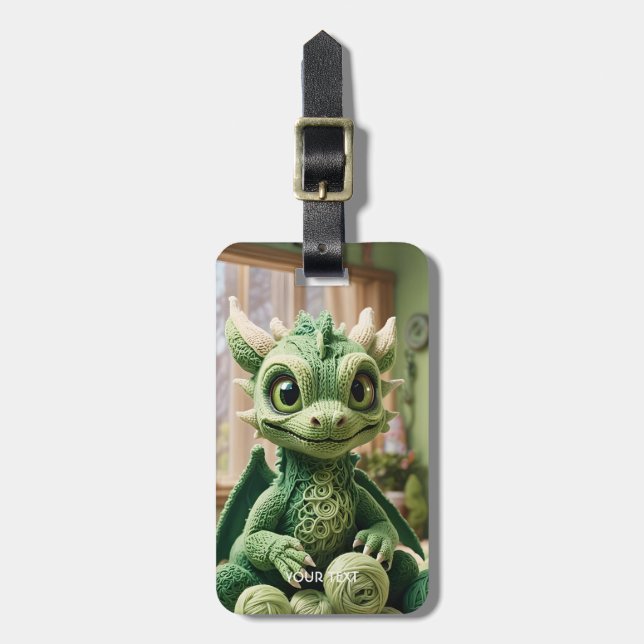Fantasy Cute Green Yarn Dragon Luggage Tag (Front Vertical)