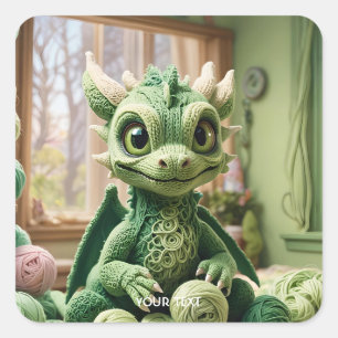 Fantasy Cute Green Yarn Dragon Square Sticker
