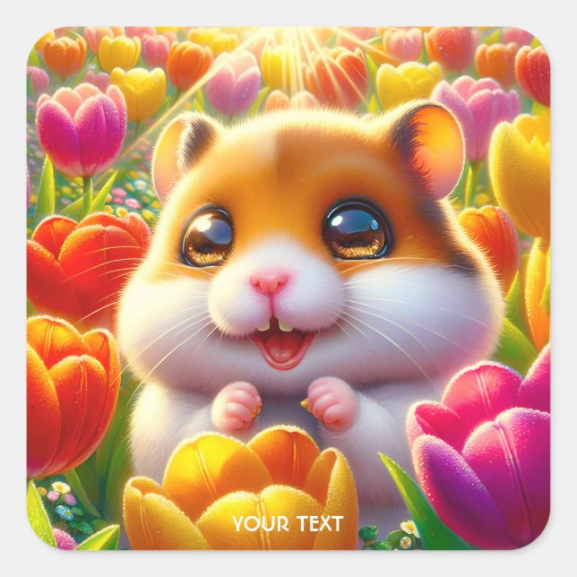 Fantasy Cute Happy Hamster Tulips Square Sticker (Front)