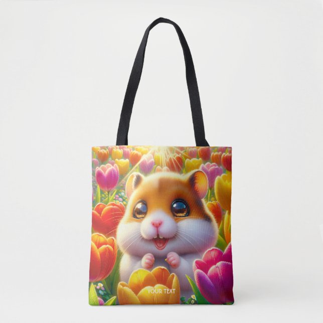 Fantasy Cute Happy Hamster Tulips Tote Bag (Front)