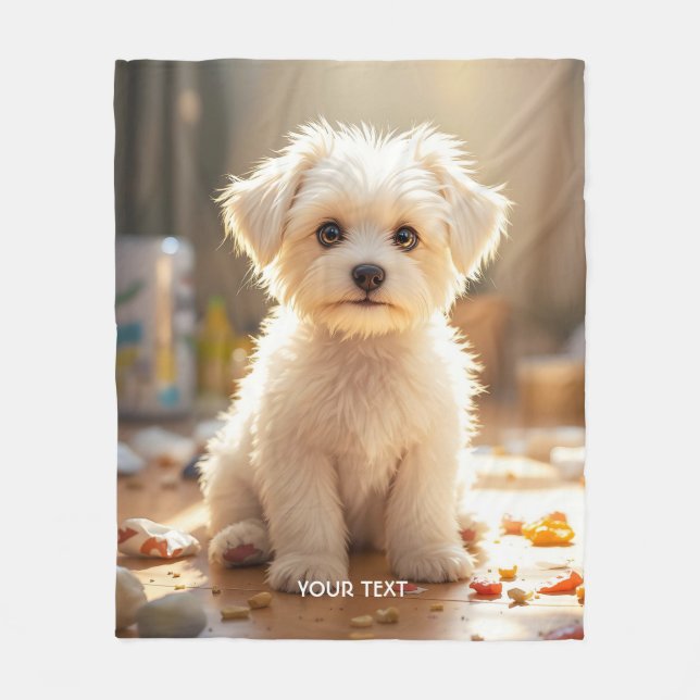 Fantasy Cute Happy Maltese Puppy Fleece Blanket (Front)
