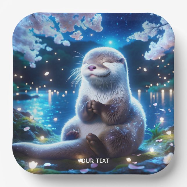 Fantasy Cute Happy Otter Night Paper Plate (Front)