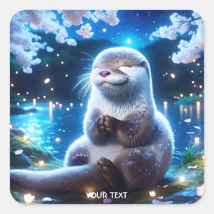Fantasy Cute Happy Otter Night Square Sticker