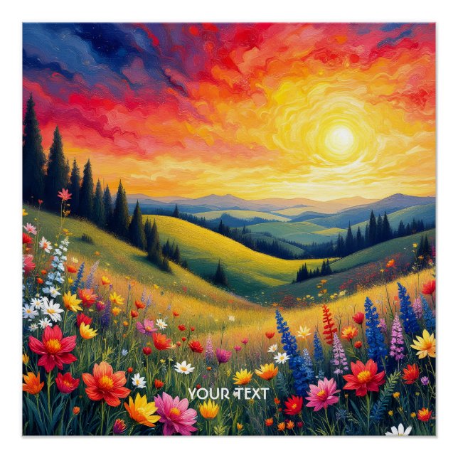 Fantasy Cute Hills Flowers Sunset Poster (Front)