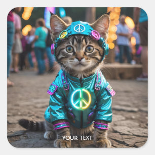 Fantasy Cute Hippie Cat Festival Square Sticker