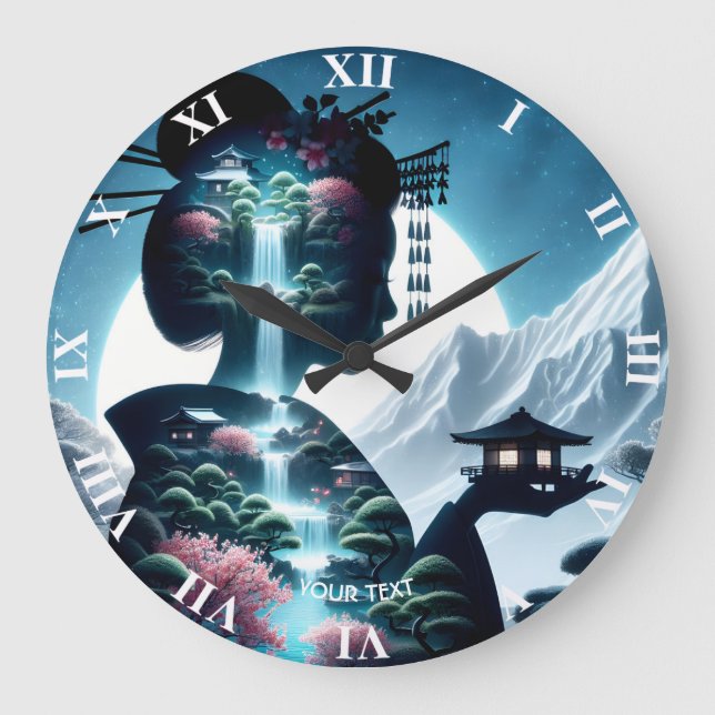 Fantasy Cute  Japanese Girl Landscape Large Clock (Front)