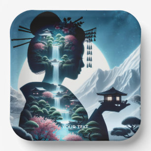 Fantasy Cute  Japanese Girl Landscape Paper Plate