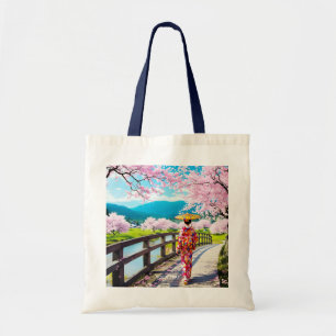 Fantasy Cute Japanese Girl Walking Tote Bag