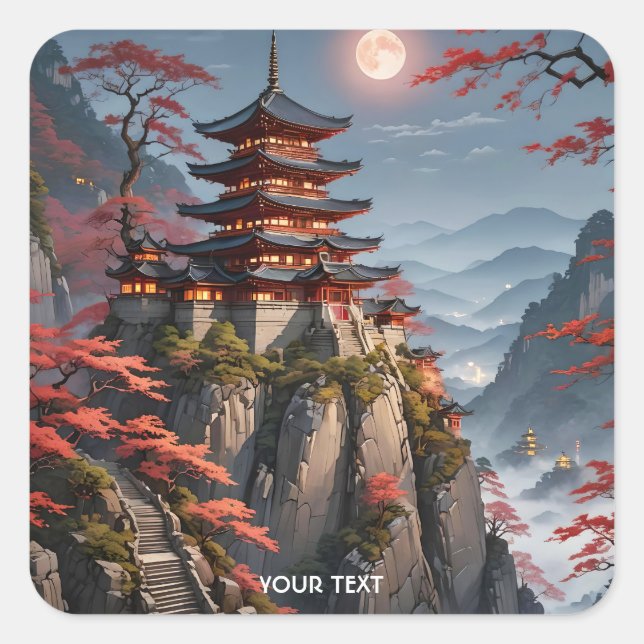 Fantasy Cute Japanese Night Landscape Square Sticker (Front)