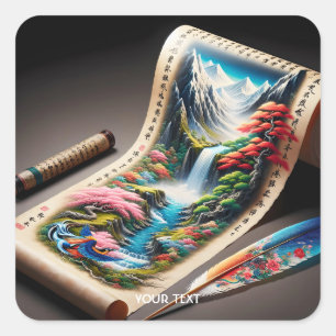 Fantasy Cute Japanese Parchment Landscape Square Sticker