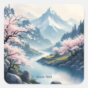 Fantasy Cute Japanese Spring Landscape Square Sticker