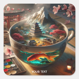 Fantasy Cute Japanese Tea Cup Square Sticker