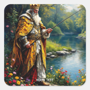 Fantasy Cute King Fishing In River Square Sticker