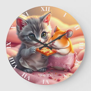 Fantasy Cute Kitten Hamster Pizza Large Clock