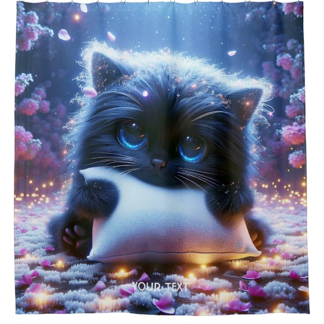 Fantasy Cute Kitten Hugging Pillow Shower Curtain (Front)