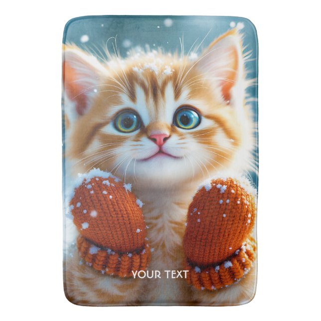 Fantasy Cute Kitten Mittens Snow Bath Mat (Front Vertical)