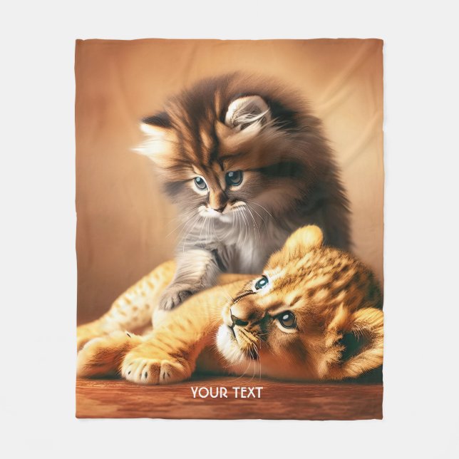 Fantasy Cute Kitten Playing With Tiger Fleece Blanket (Front)