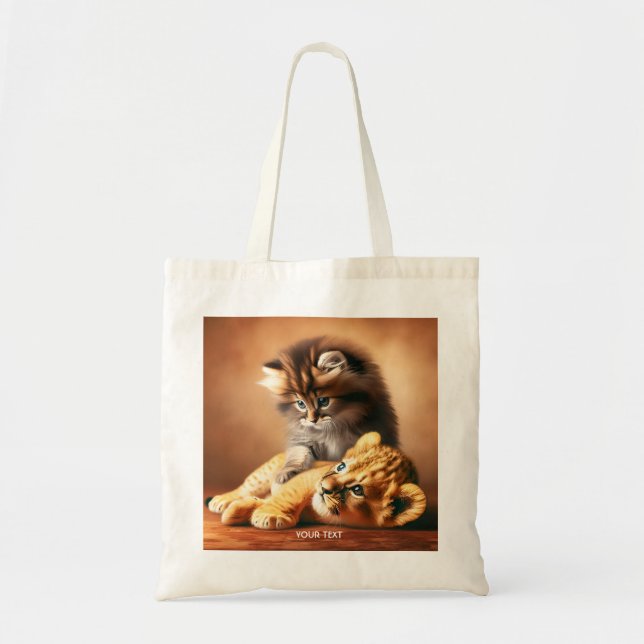 Fantasy Cute Kitten Playing With Tiger Tote Bag (Front)