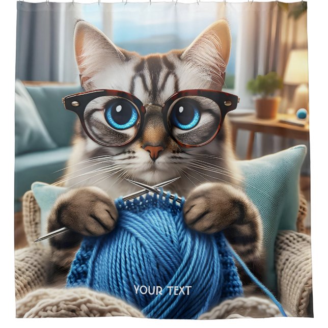 Fantasy Cute Knitting Cat Room Shower Curtain (Front)