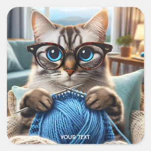 Fantasy Cute Knitting Cat Room Square Sticker