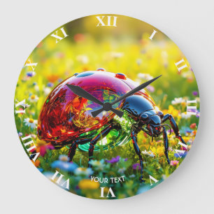 Fantasy Cute Ladybug Polished Glass Large Clock