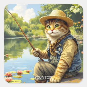 Fantasy Cute Lake Cat Fishing Square Sticker
