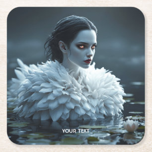 Fantasy Cute Lake Swan White Square Paper Coaster