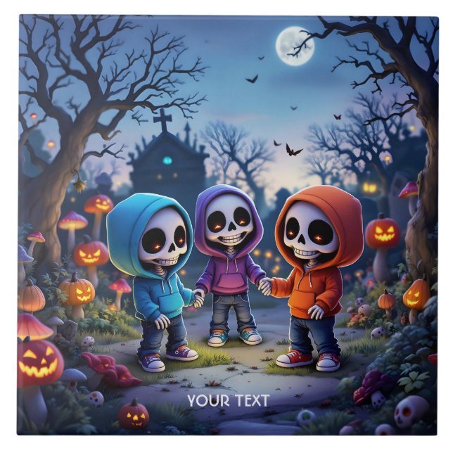 Fantasy Cute Laughing Chibi Skeletons Tile (Front)