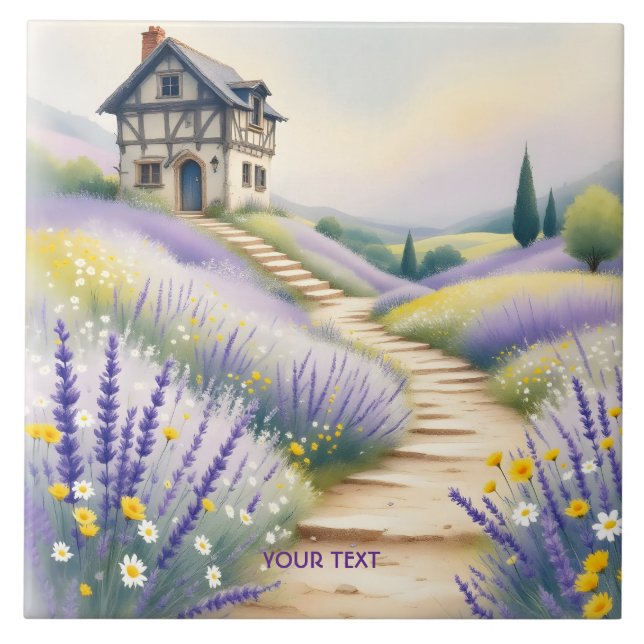 Fantasy Cute Lavender House Flowers Tile (Front)