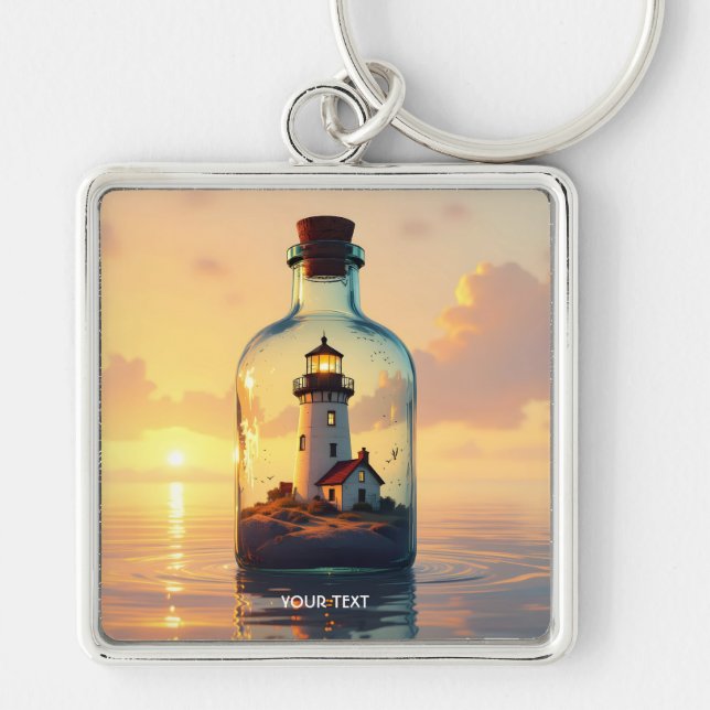 Fantasy Cute Lighthouse In Bottle Key Ring (Front)