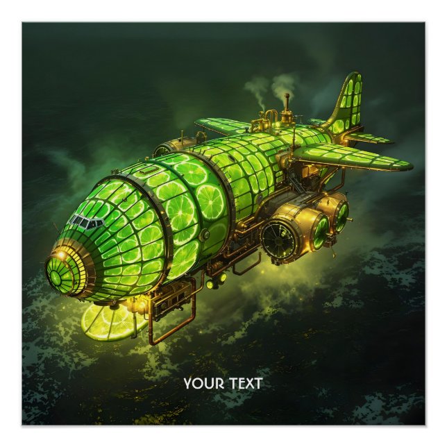 Fantasy Cute Lime Steampunk Plane Poster (Front)
