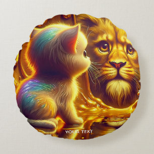 Fantasy Cute Lion And Kitten Round Cushion