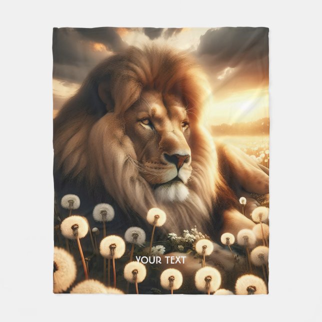 Fantasy Cute Lion Flowers Sunset Fleece Blanket (Front)