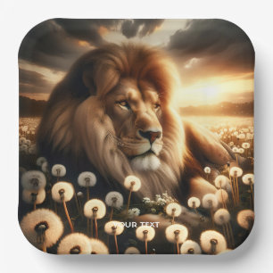 Fantasy Cute Lion Flowers Sunset Paper Plate