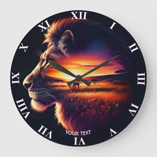 Fantasy Cute lion Head Savanna Large Clock (Front)