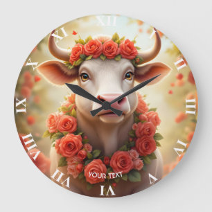 Fantasy Cute Lovely Cow Roses Large Clock